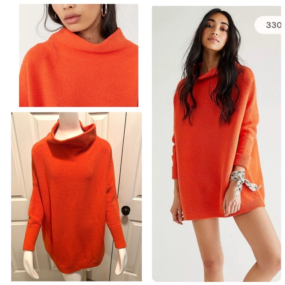 Free People Ottoman Slouchy Sweater Tunic Ribbed Knit Orange Red Oversize Medium